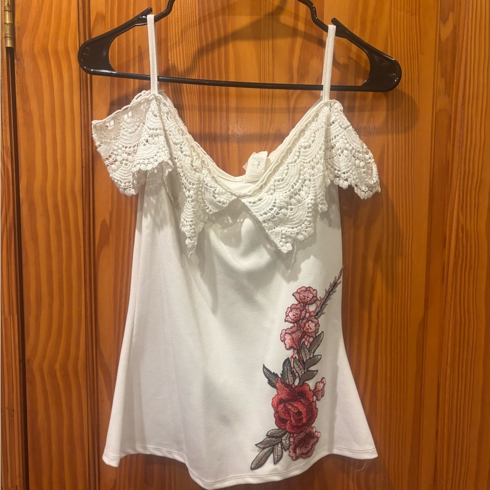Chico's White Off-Shoulder Lace Top with Red Floral Design